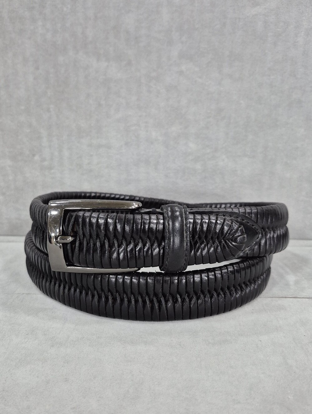Woven belt men's 34 black full grain cowhide smoked black buckle